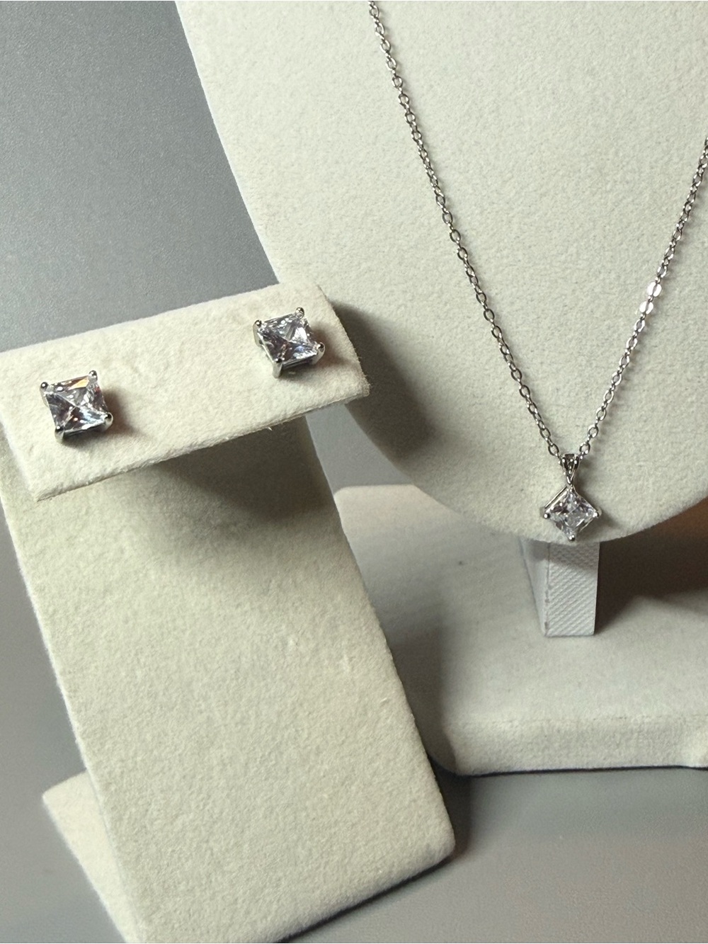 Macy’s Princess Cut CZ Necklace and Stud Earrings Set Silver Tone Jewelry